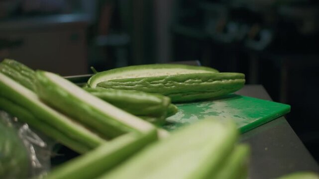 Close-up of bitter gourd in an Asian restaurant.