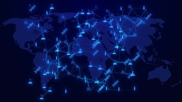 Global Scientific Network Featuring Glowing Neon Blue Icons Of Dna Strands, Laboratory Beakers, And Atoms Connected By A Complex Web Of Lines Over A Dark World Map, Symbolizing International Medical 