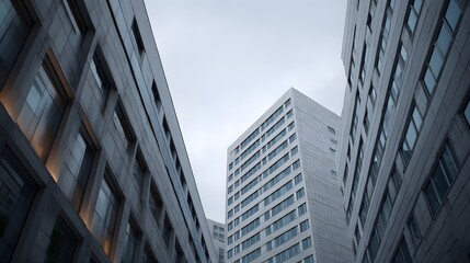 Obraz premium Modern architectural buildings with geometric facades and many under an overcast sky