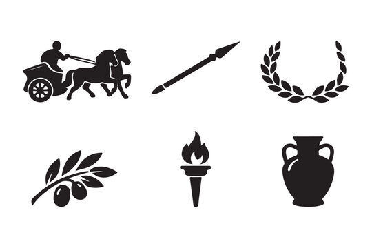 Black silhouette of a trireme ship and ancient greek architecture.