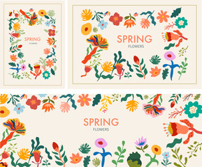 Flower romantic templates. Beautiful romantic flower collection cards with roses, leaves, floral bouquets, flower compositions. 