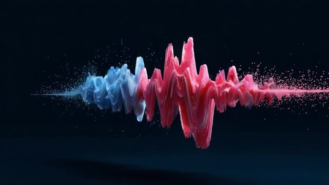 Sound Wave Dynamics: An artistic representation of sound waves pulsates with vibrant energy, illustrated in contrasting hues of pink and blue against a dark, dramatic backdrop.