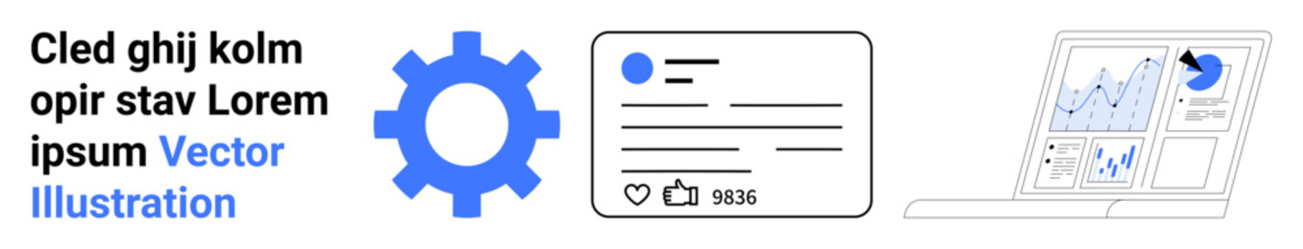 Business solutions, social media, analytics, digital marketing, data visualization, system settings. Gear icon, data card with thumbs ups and laptop with charts. Business solutions and social media