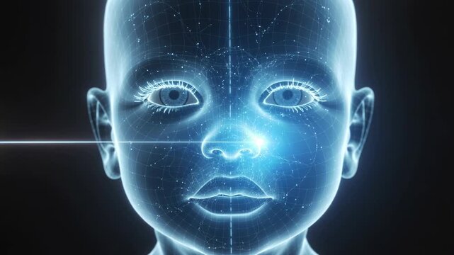 A futuristic illustration of a human face with glowing blue lines and grid patterns, representing advanced technology and artificial intelligence.