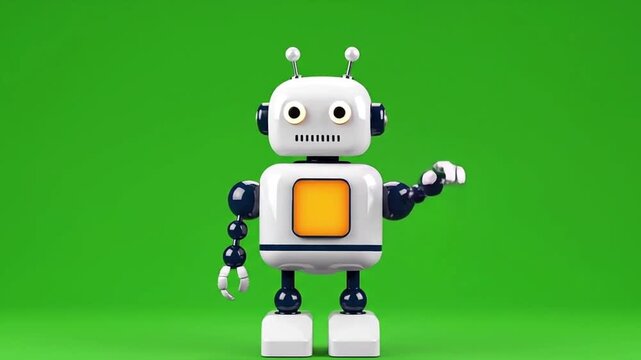 Cute cartoon robot character standing and waving on a green background.