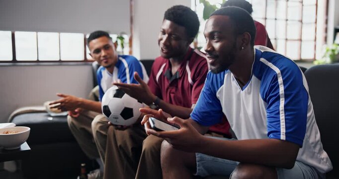 Friends, watching tv or man with phone in house, soccer stats research or sports betting addiction. Distraction, typing or happy fans with football match broadcast, mobile or attention for tournament