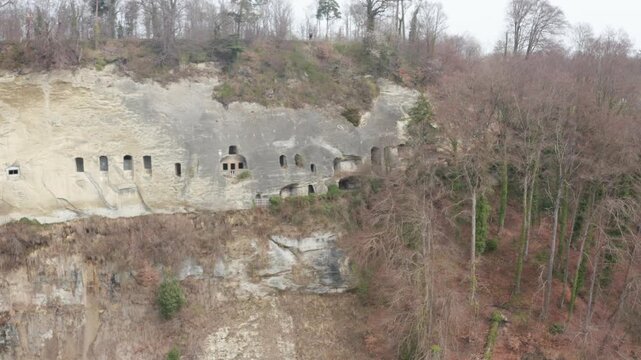 Magdalena Hermitage Rock-Cut Cave Dwellings Aerial Drone View, Fribourg Switzerland, 4K UHD