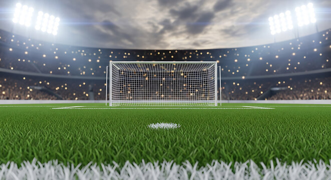 soccer field with goal at night under floodlights