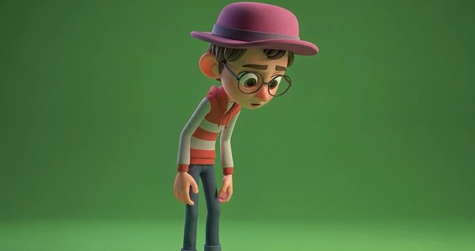 Animated character with hat standing on a solid green background