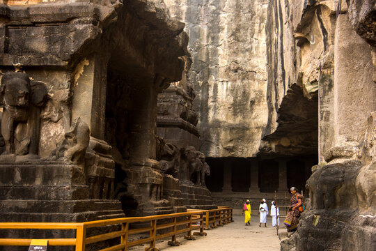 Hindu Sadhu the holy men visiting the Ellora caves, India.