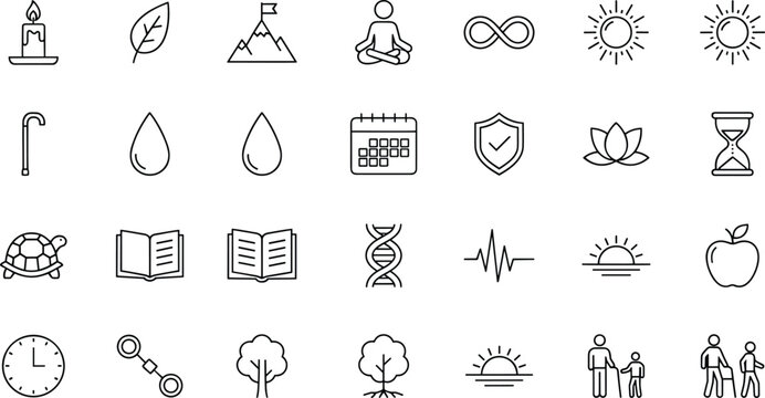 Minimalist black line vector icons set representing longevity health wellness life cycle nature science biology growth and aging symbols for web and graphic design.