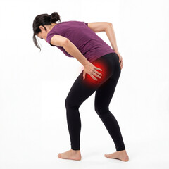 Fototapeta premium A woman experiences discomfort and sharp pain in her hip and gluteal area while bending over, isolated on transparent background