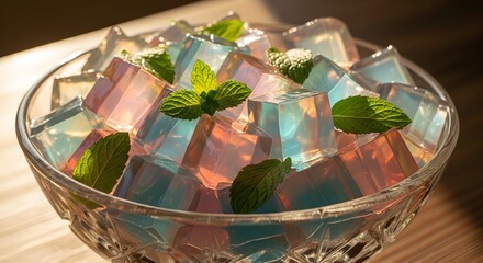 Fototapeta premium Colourful jelly cubes with fresh mint leaves in a glass bowl on a wooden table