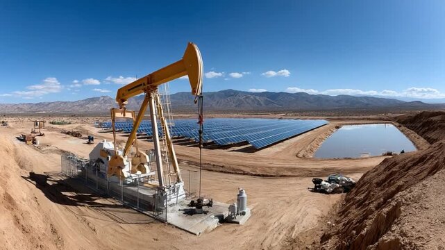 Industrial Symbiosis: An oil pumpjack operates harmoniously alongside a solar array in a sun-drenched landscape, illustrating the blend of traditional energy and renewable power.