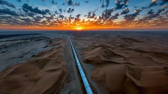 Pipeline in the Desert: A long, straight pipeline stretches across an endless desert landscape beneath a vibrant sunset sky, representing progress.