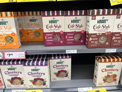 Vogel's Cafe-Style muesli and cereal clusters on display shelves at Taking Shape fashion and lifestyle store in Mangere-Otahuhu - Auckland, New Zealand, February 7, 2023