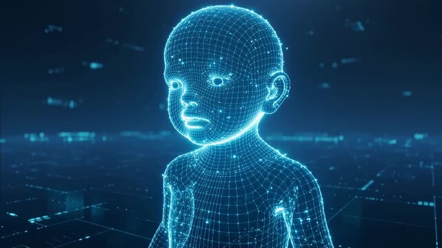 A digital baby with a wireframe mesh glows bright blue in a futuristic environment, conveying innovation and technology.