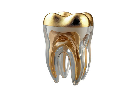 Golden tooth anatomy revealing transparent structure with gold crown, pulp, and root canals, representing modern dental solutions. Transparent background