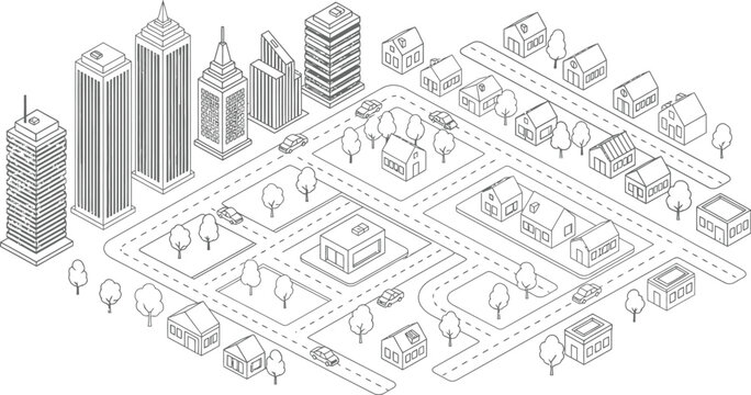 Detailed black and white isometric city map illustration featuring skyscrapers, residential houses, roads, and trees
