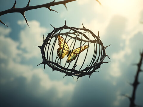 Fragile yellow butterfly trapped in a thorny cage, symbolizing confinement, struggle, and a yearning for freedom.
