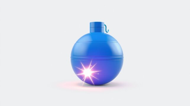 Blue float switch visible. Device features plastic housing, hook, glowing light emission. Simple studio shot, clean background.