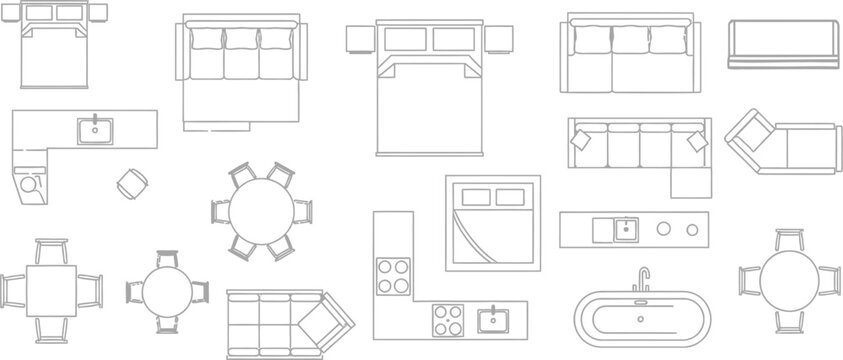 Minimalist black and white line art collection of furniture icons for interior design and architectural floor plans