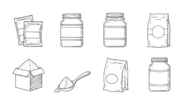 Handdrawn black and white containers and packaging with sugar spoon jars bottles