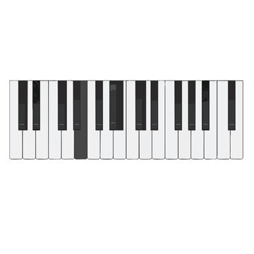 A straight row of piano keys, with a single dark key
