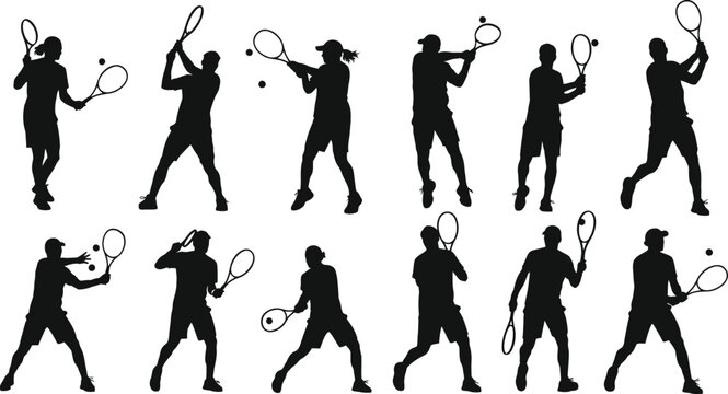 Tennis player silhouettes in various poses with rackets