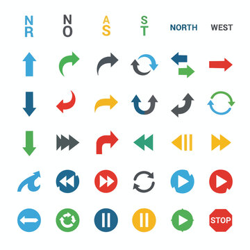 Collection of diverse directional, media playback, and action-oriented icons