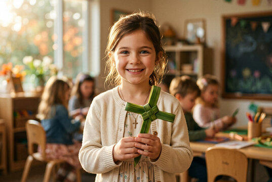 A smiling young girl holding a handmade palm cross during Palm Sunday celebration in a classroom