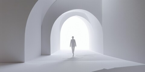 Fototapeta premium Minimalist scene. Person walks toward bright light within repeating archways. Stark white contrasts with deep shadows. Hopeful, surreal imagery.