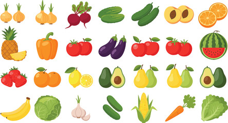 Obraz premium Fresh Fruits and Vegetables Vector Set Featuring Organic Farm Produce Including Tomato Cucumber Avocado Peach and Citrus for Healthy Food and Grocery Design