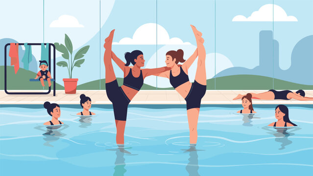 Two women performing synchronized water aerobics in a public swimming pool while other people swim and exercise in the background.