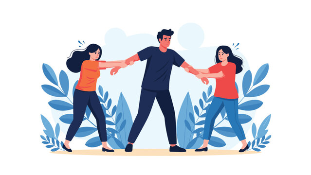 Angry woman pulls a distressed man away from another female rival representing complex relationship conflict and jealousy issues.