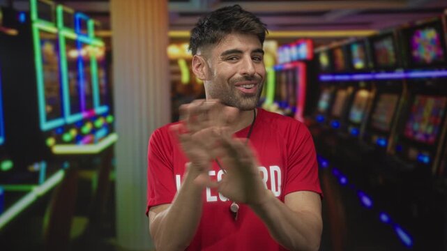 Young hispanic man clapping hands near slot machine in building while wearing lifeguard shirt and whistle; joy leisure.