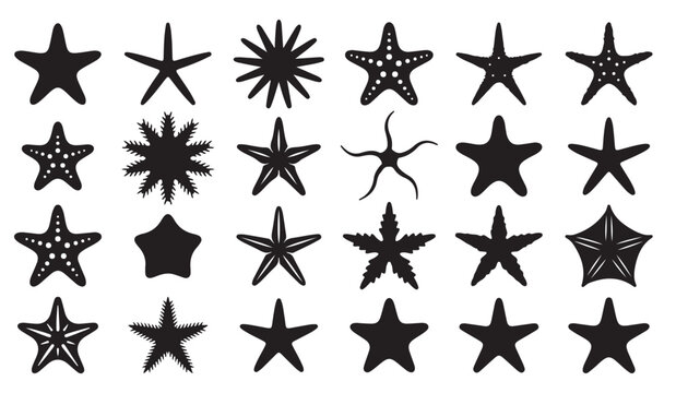 Black and white vector silhouette set of starfish
