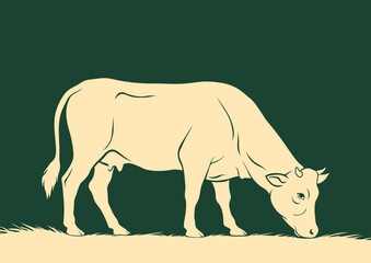 Close up grazing cow minimal flat illustration green background