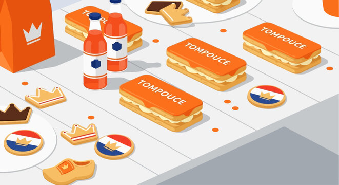 An inviting flat design illustration showcasing a delicious spread of King's Day themed food and drinks, including traditional orange pastries and beverages.