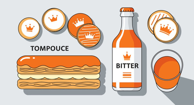 An inviting flat design illustration showcasing a delicious spread of King's Day themed food and drinks, including traditional orange pastries and beverages.