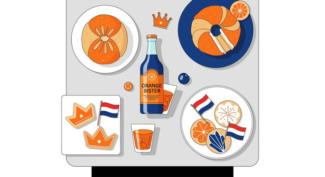 An inviting flat design illustration showcasing a delicious spread of King's Day themed food and drinks, including traditional orange pastries and beverages.