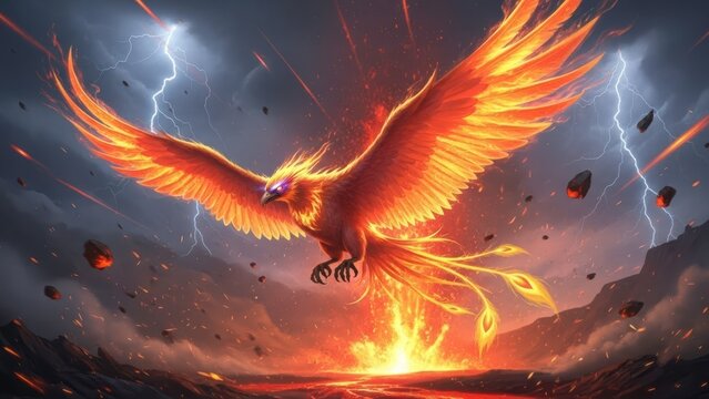 Phoenix Ascendant: Witness the phoenix soaring through a tempest of fire and lightning, its wings ablaze with celestial power, an emblem of rebirth and indomitable spirit.