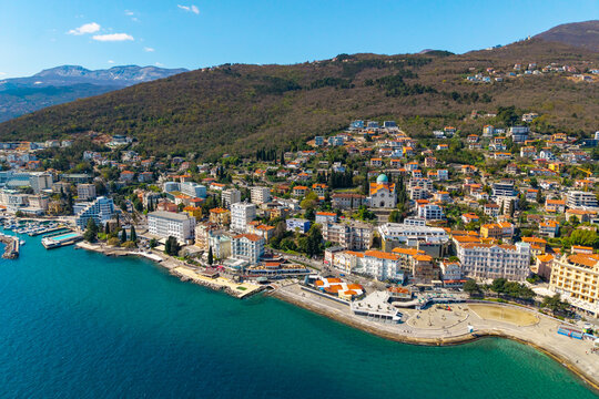 Seaside view of coastal town Opatija in the northeast of the Istrian peninsula. Opatijska rivjera. Kvarner bay. Travel in Croatia