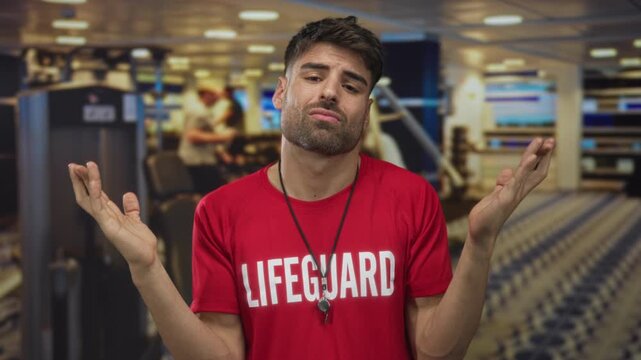 Man holds open palms amid treadmill rows in gymnasium with red lifeguard shirt and whistle around neck; uncertainty.