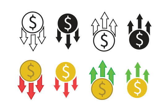 Financial growth icon set showing money increase and decrease trends suitable for business and investment concepts.