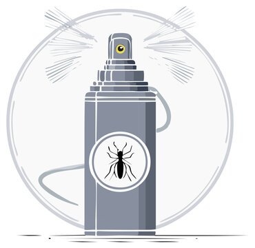 Pest control spray can with ant illustration in a white circle against a white background