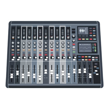 A professional sound mixing console with multiple sliders, knobs, and screens