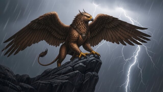 Majestic Griffin in Storm: A mythical griffin, half eagle, half lion, perched atop a rocky peak, wings spread against a backdrop of a raging storm. Evoking strength and awe.