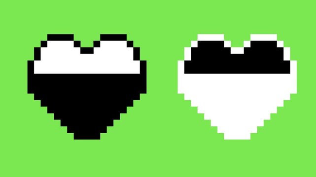 Retro pixel art hearts illustrating visual contrast and complementary design, perfect for gaming themes or digital iconography symbolizing duality and connection