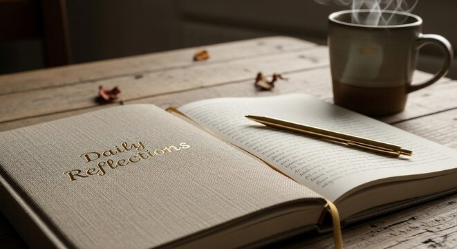 Daily Reflections Journal with Golden Pen and Steaming Coffee Mug on Rustic Wooden Table